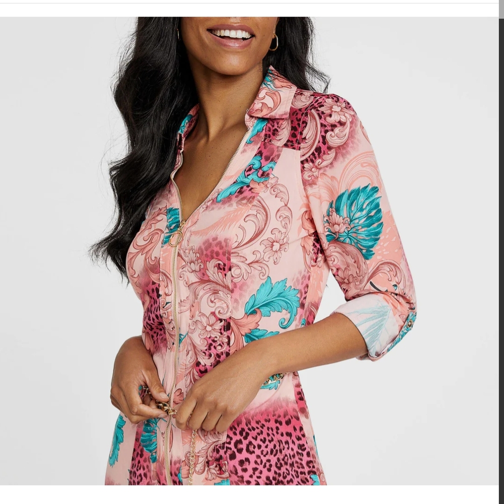SOLD Pink and Blue Patterned Shirt Dress - Picture 4 of 12